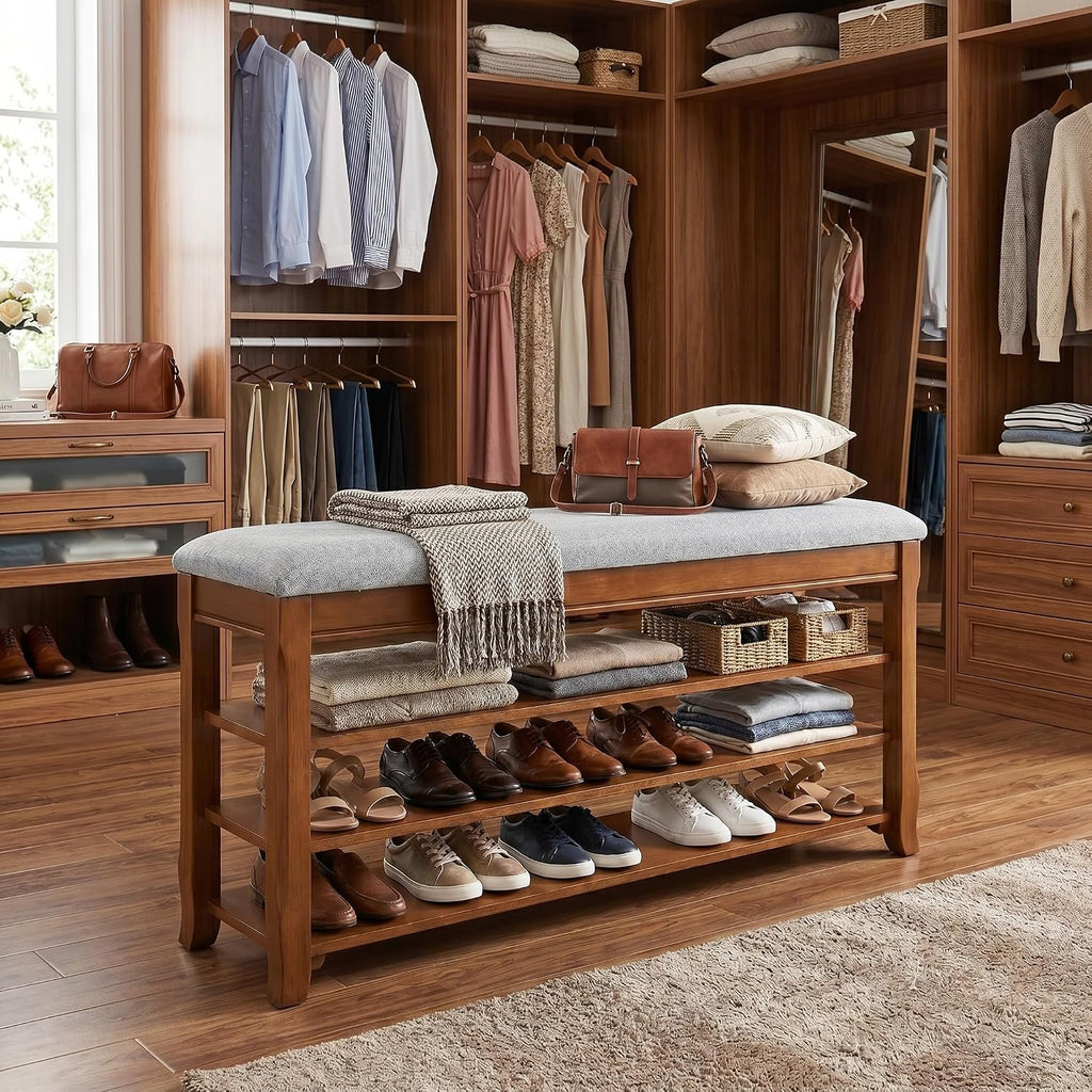 SolidWood Entryway Shoe Storage Bench, Flip-Top Soft-Close Lid, Adjustable Shelves, Cushioned Entryway Shoe Rack Organizer,Hallway, Closet, Foyer 39.4''