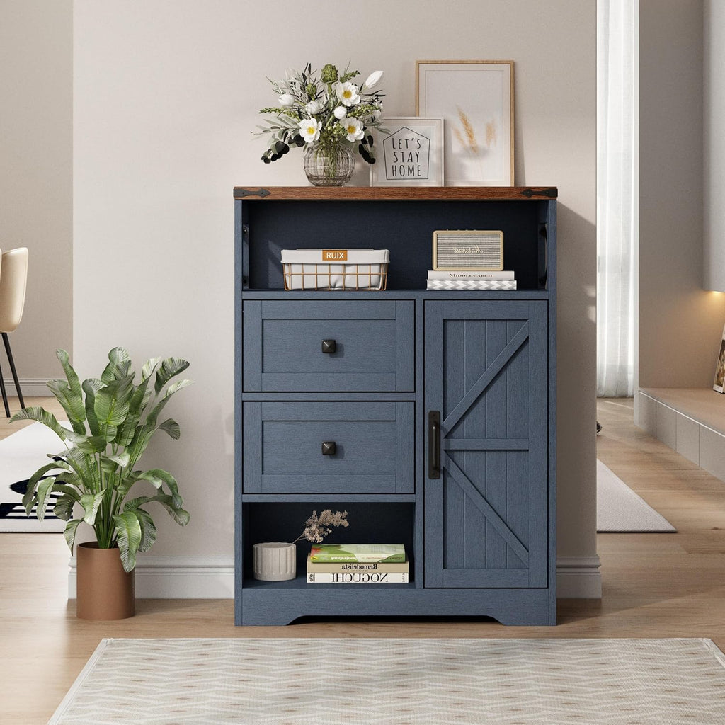 Fameill Farmhouse Storage Cabinet with 2 Drawers & Shelves, Freestanding Kitchen Cabinet with Doors, Floor Storage Organization for Living Room, Bathroom, Laundry, Blue, 27.5" L x 11.8" W x 37.5" H