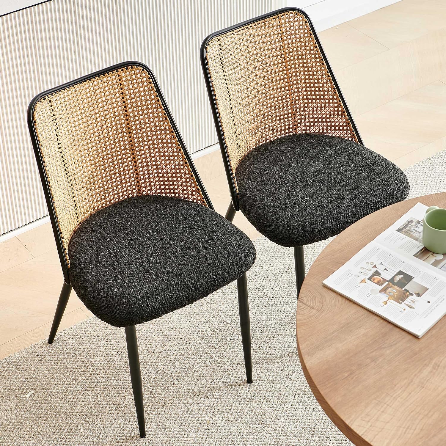 NORDICANA Rattan Dining Chairs Set of 2, Mid Century Kitchen Dining Room Side Chairs with Upholstered Cushion, Black