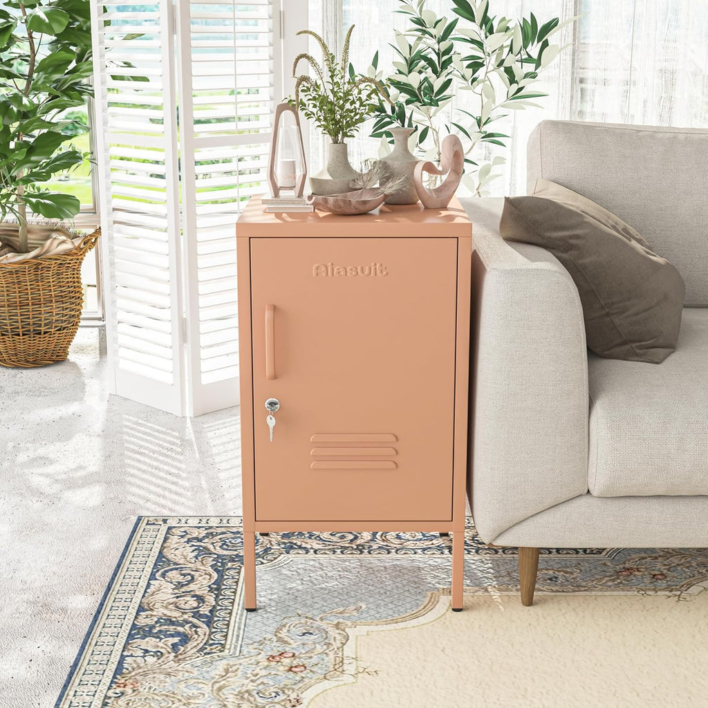 Single door End Table 2 Tier Narrow Side Table with Metal Frame Multifunctional Home Table Easy to Assemble Adjustable partitions Single Door Coffee Table Pink Size: 27.55”H X 13.78”W X 14.96”D