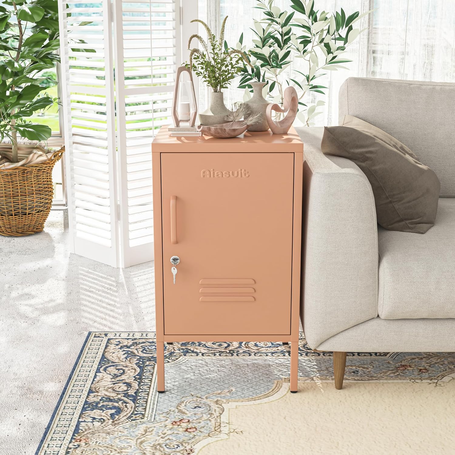 Single door End Table 2 Tier Narrow Side Table with Metal Frame Multifunctional Home Table Easy to Assemble Adjustable partitions Single Door Coffee Table Pink Size: 27.55”H X 13.78”W X 14.96”D