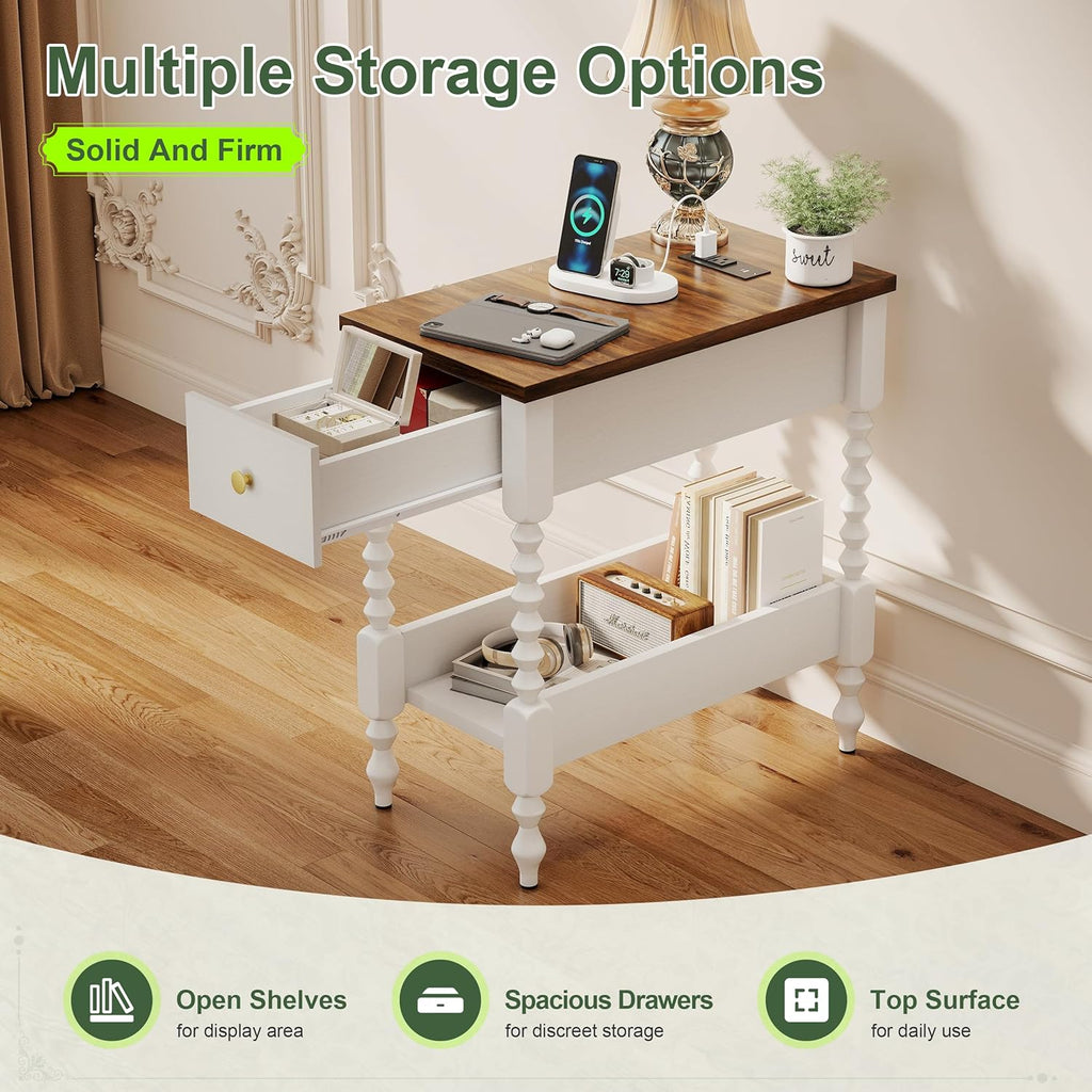 YOSHOOT Farmhouse End Table with Charging Station Set of 2 - Narrow Side Table for Living Room Bedroom Small Space, Wood Nightstand with Drawer and Power Outlets, White