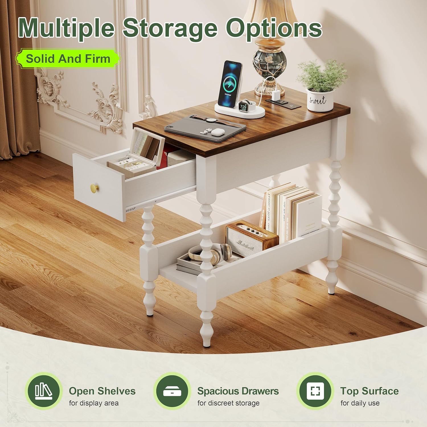 YOSHOOT Farmhouse End Table with Charging Station Set of 2 - Narrow Side Table for Living Room Bedroom Small Space, Wood Nightstand with Drawer and Power Outlets, White