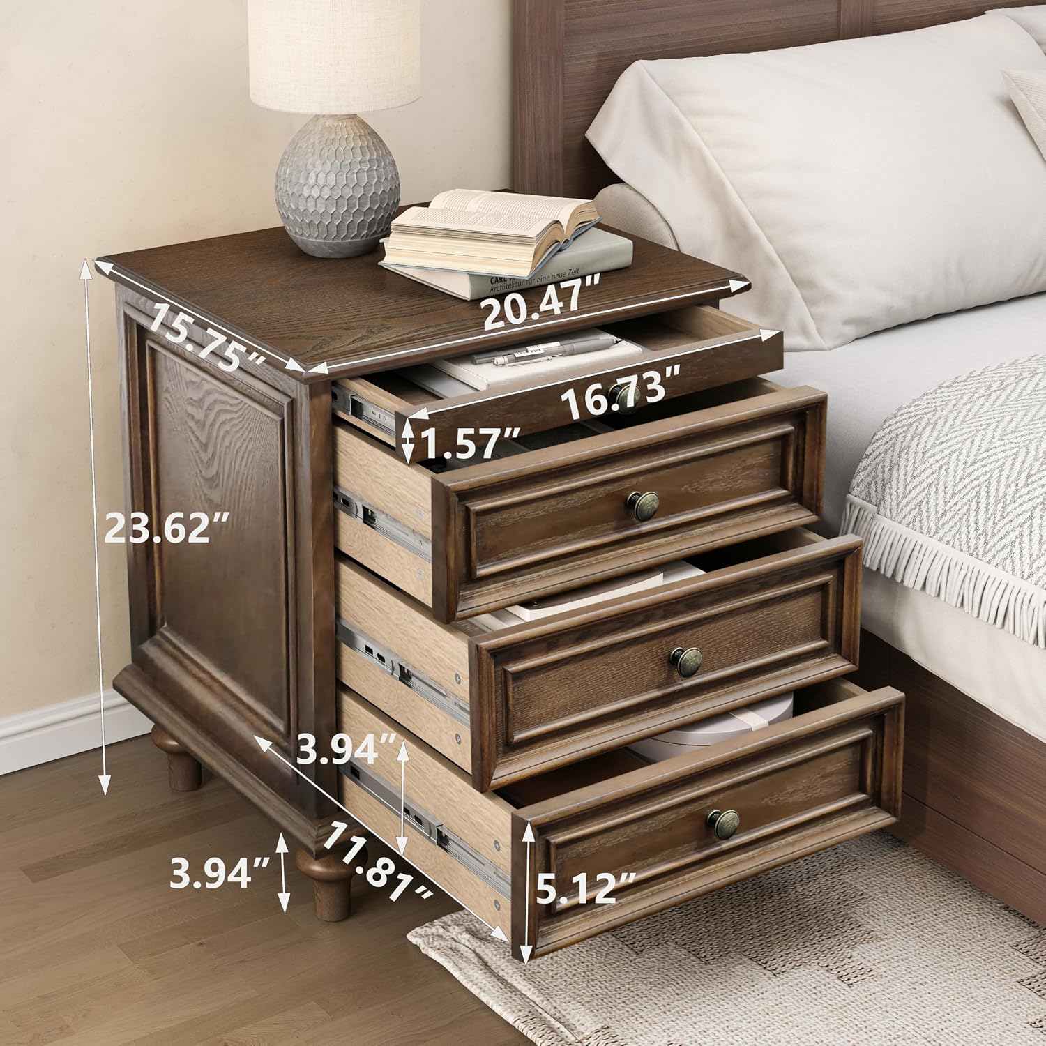 Nightstand with 4 Drawers, Wood Bedside Table Night Stand, Wide Sofa Side End Table 4 Drawers Chest of Dresser for Living Room, Bedroom