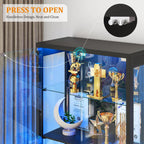 FREDEES Display Cabinet with Glass Doors,67" Adjustable Display Shelf with 2 Drawers and 4 Tier Curio Cabinet,Tall Bookcase with 3 Color Lights and Human Body Sensor for Toys,Books（Black）