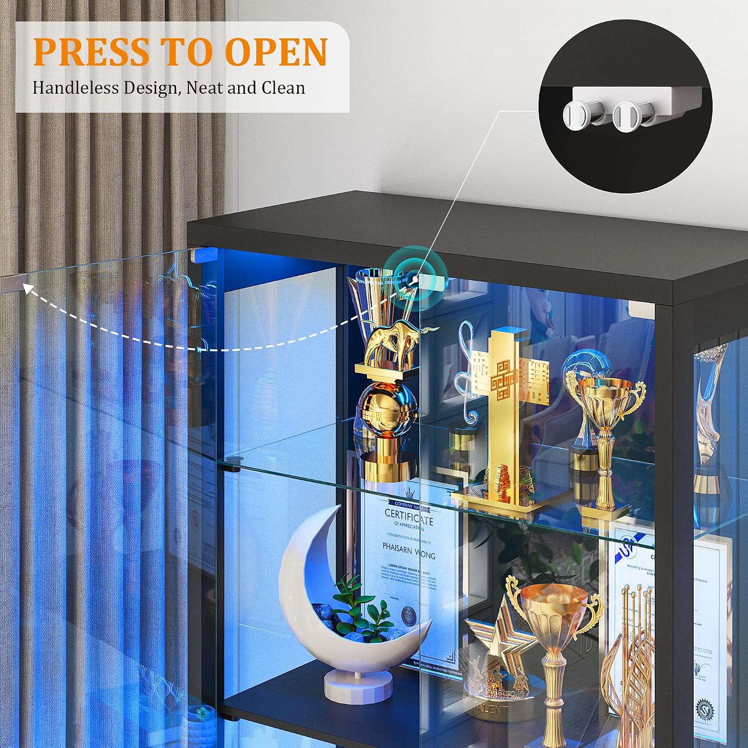 FREDEES Display Cabinet with Glass Doors,67" Adjustable Display Shelf with 2 Drawers and 4 Tier Curio Cabinet,Tall Bookcase with 3 Color Lights and Human Body Sensor for Toys,Books（Black）