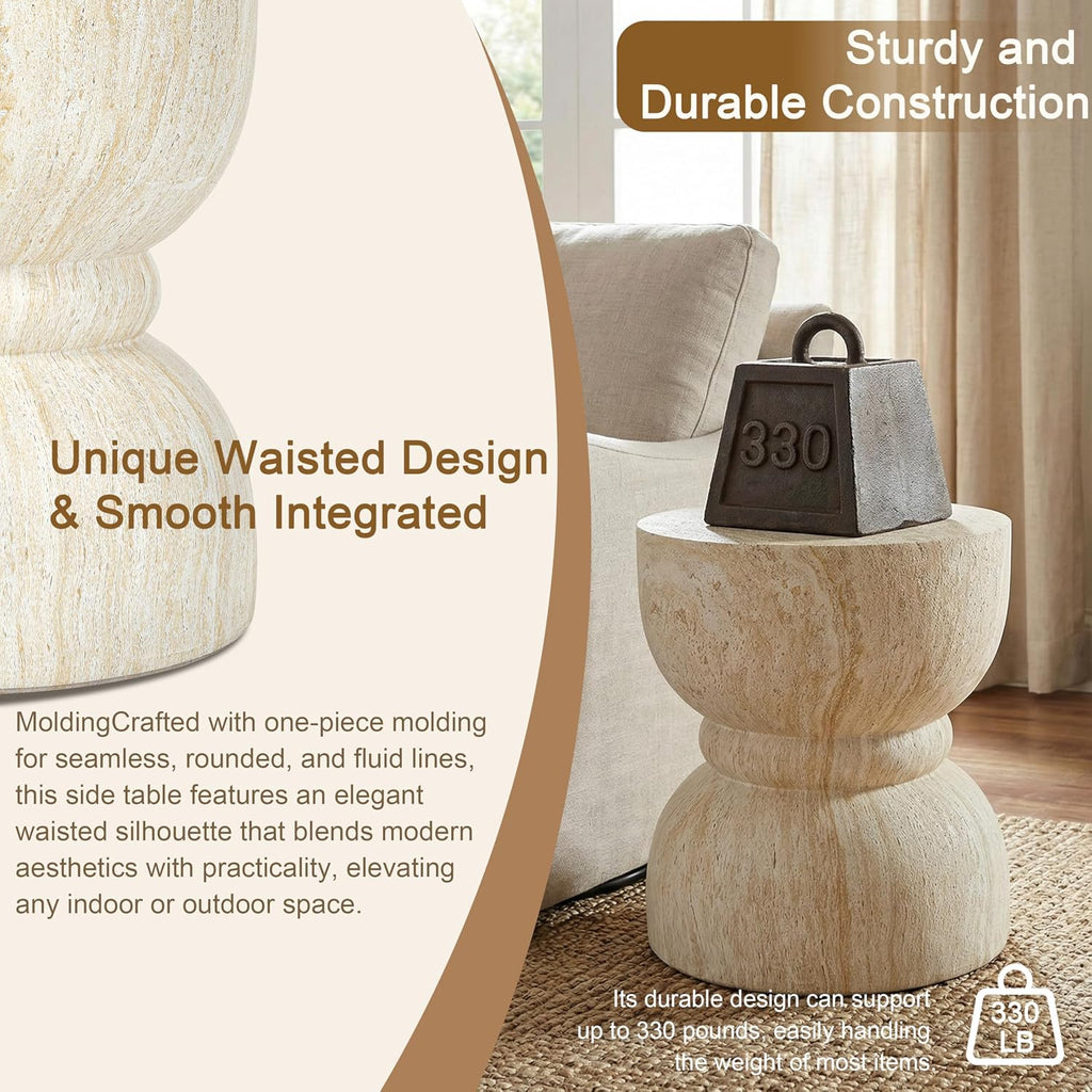 Outdoor Side Table, Round Waist End Table Indoor Imitation Natural Stone Texture Small Table for Living Room Patio Porch Garden Stool, Weather-Resistant