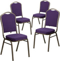 Flash Furniture 4 Pack HERCULES Series Crown Back Stacking Banquet Chair in Purple Fabric - Gold Vein Frame
