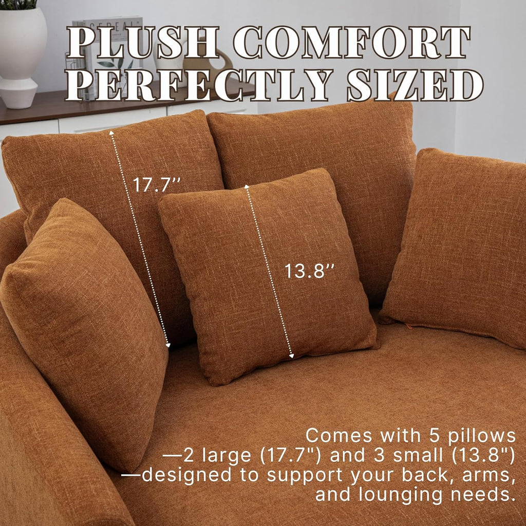 56.3''W Oversized Barrel Chair, Upholstered Accent Chenille Comfy Couch Sofa with 5 Pillows for Apartment, Studio, Bedroom, Living Room, Orange.