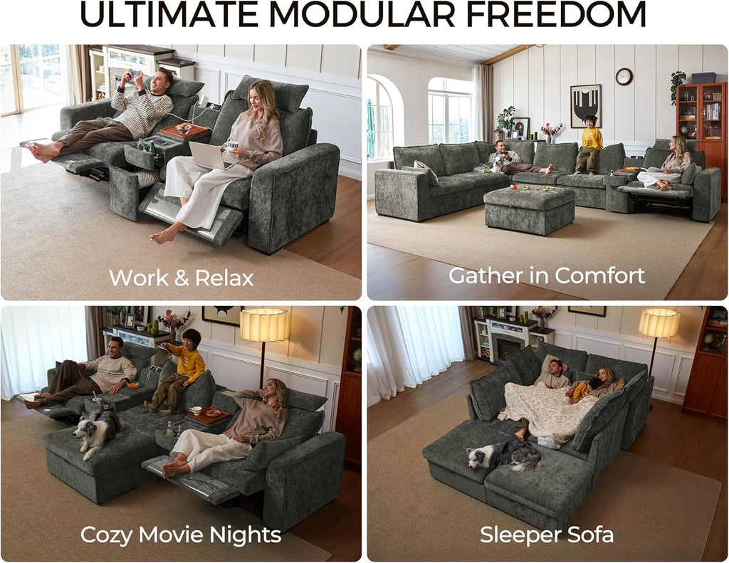 Oversized Modular Power Recliner Sofa Wall Hugger, Cloud Reclining Couch with Headrest, Storage Ottoman, Drawer Charging Cup Holder, Deep L-Shaped 6 Seater with Dual Electric Recliner, Chenille, Grey