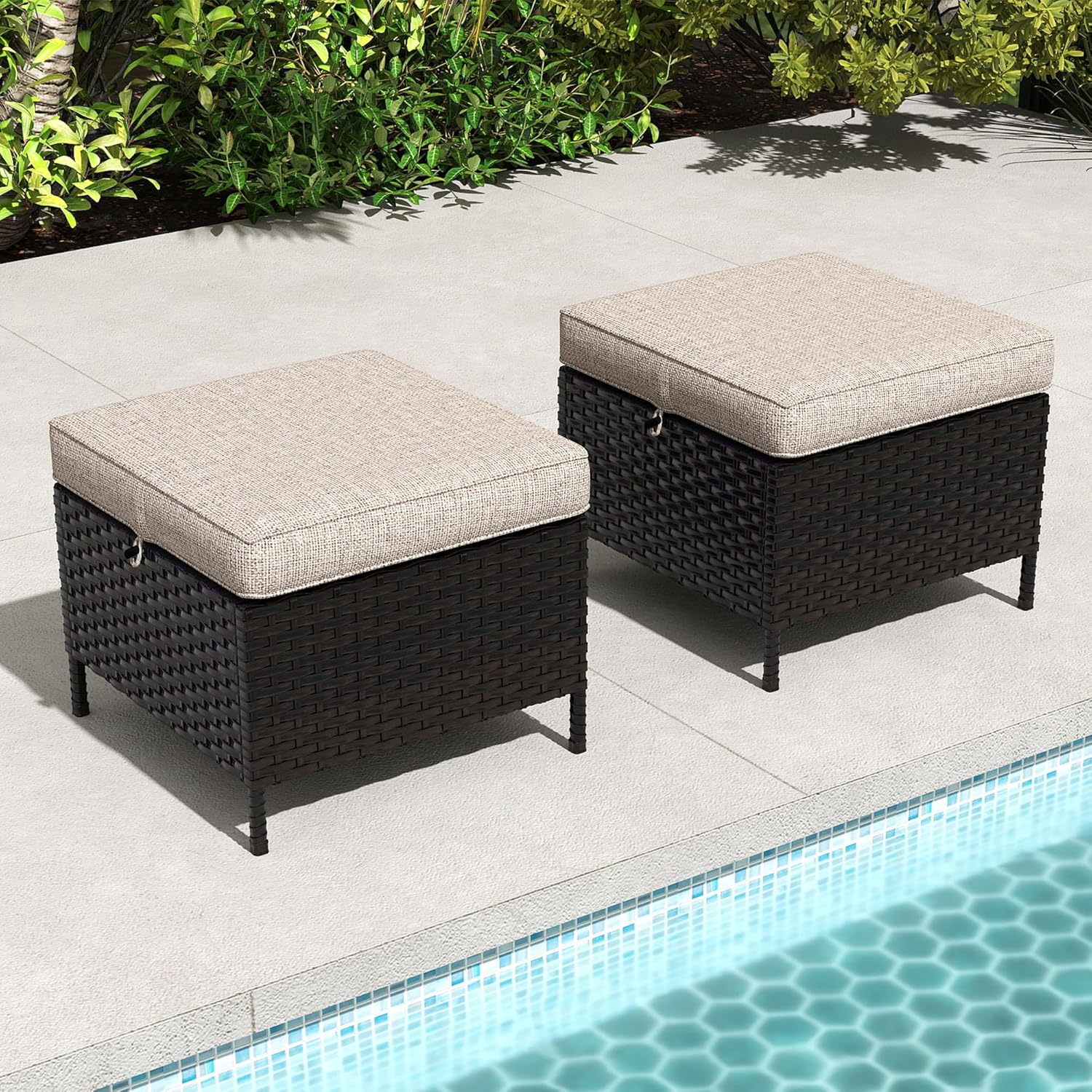 2 Pieces Patio All-Weather Wicker Ottomans with Cushions, PE Rattan Outdoor Conversation Furniture Set for Backyard, Deck, Lawn (Beige)