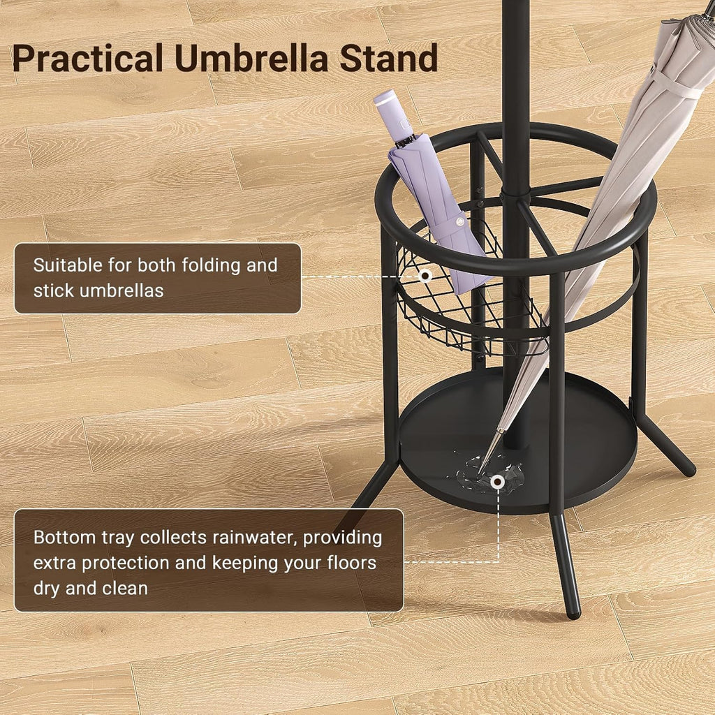 ELYKEN Coat Rack Freestanding, Metal Coat Rack with Umbrella Holder | 12 Hooks, Round Base, Heavy Duty Floor Standing Coat Tree for Entryway, Hallway, Living Room, Bedroom, Office, Black