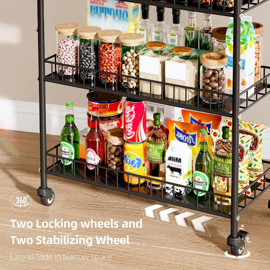 6-Tier Slim Storage Cart, Rolling Kitchen Cart with Wheels, Narrow Metal Shelf Organizer with Hooks for Kitchen, Bathroom, Living Room, Laundry, Small Spaces (Black, 10 in)