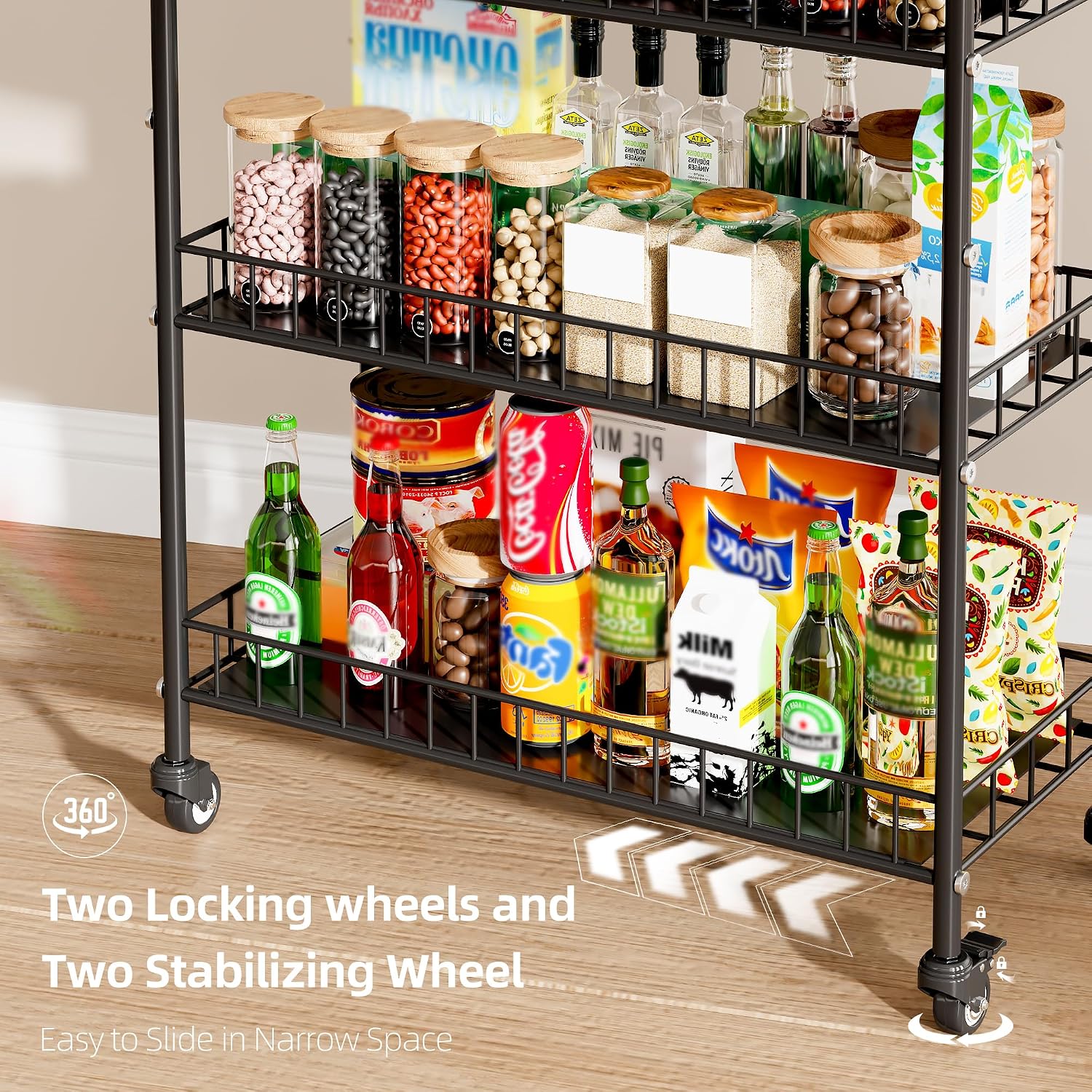 6-Tier Slim Storage Cart, Rolling Kitchen Cart with Wheels, Narrow Metal Shelf Organizer with Hooks for Kitchen, Bathroom, Living Room, Laundry, Small Spaces (Black, 10 in)