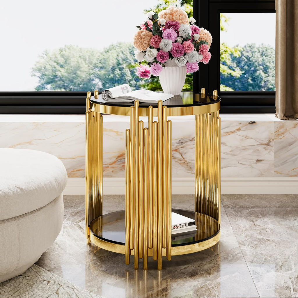 19.8" Round End Table with Gold Finish & Lower Shelf, Modern Black Mirror End Table with Asymmetrical Metal Frame for Living Room (Black,1)