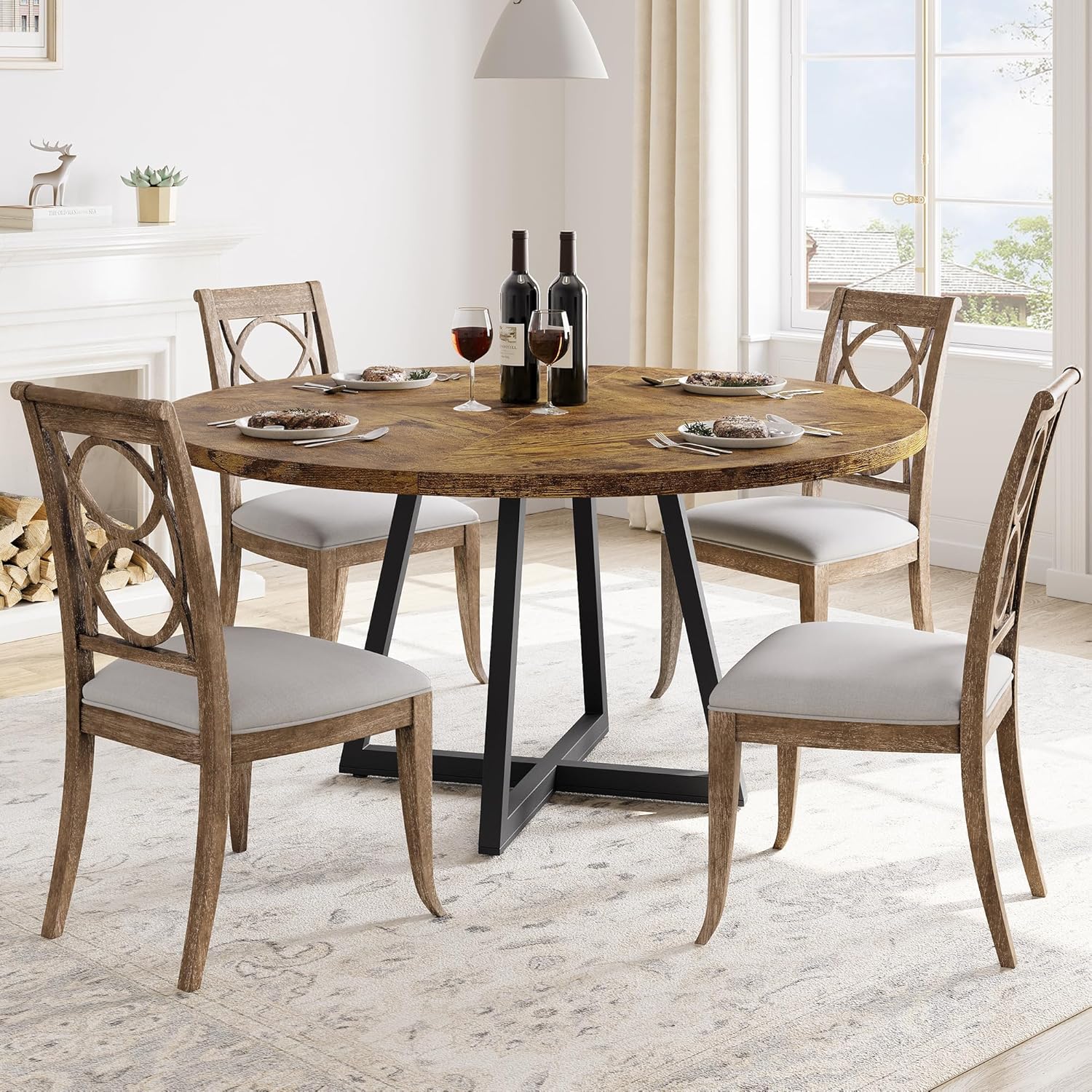 Industrial Round Dining Table, 47 Inch Round Kitchen Table for 4, Rustic Brown Dinner Table with Wooden Top and Metal Base for Dining Room, Living Room - (No Chairs)