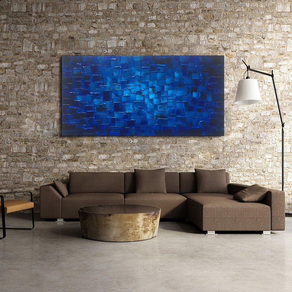 MyArton Textured Abstract Squares Canvas Wall Art Hand Painted Modern Dark Blue Oil Painting Picture for Home Decoration Ready to Hang 40x20inch
