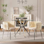 Baysitone Modern 3-Piece Dining Set with 36" Round Glass Table & 2 Woven Velvet Upholstered Dining Chairs, Silver Metal Table Legs, Kitchen & Dining Room Furniture for Small Spaces(Beige&Silver)