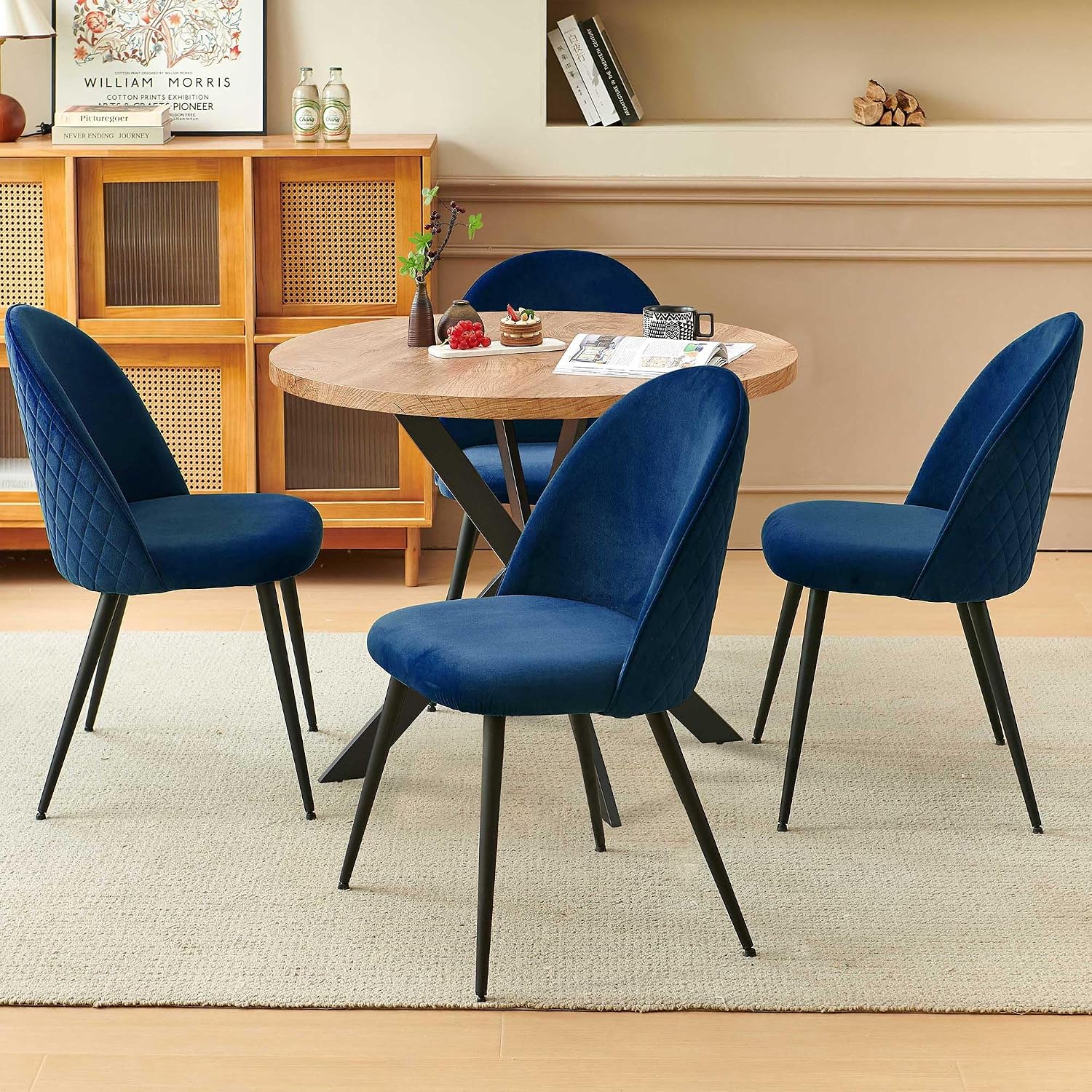 Homedot 5-Piece Kitchen Dining Table Set for 4 with Navy Blue Chairs Upholstered, Modern Round Dining Reception Table Set, Space-Saving Dinette Table Set for Apartment, Dining Room