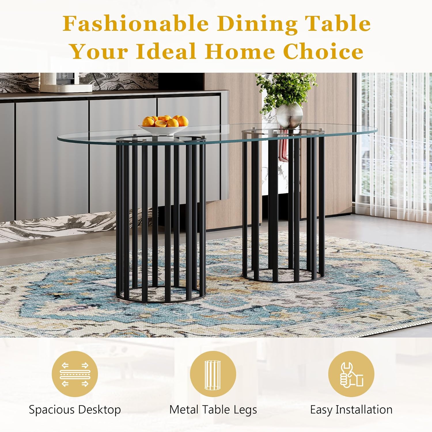 Oval Tempered Glass Dining Table for 4-8 People, 71'' Tall Kitchen Tables for Small Spaces, Modern Dinning Room Furniture, Metal Pillar Base, for Living Room, Kitchen, Dining Room, Black