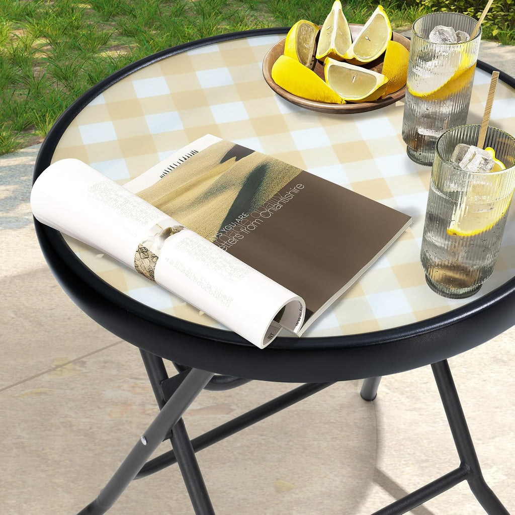 Foldable Patio Side Tables, 17.7" Small End Table Outdoor Weatherproof, Round Glass Top Outside Folding Table for Poolside, Balcony, Yard, Porch（Yellow）