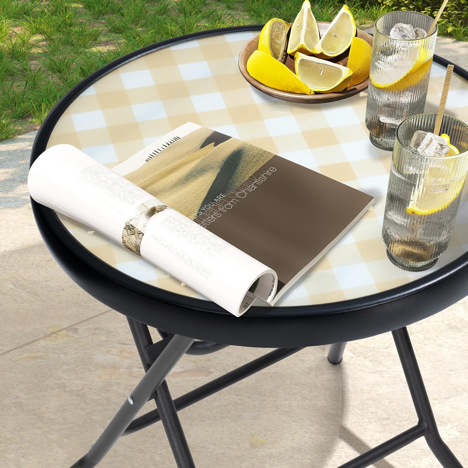 Foldable Patio Side Tables, 17.7" Small End Table Outdoor Weatherproof, Round Glass Top Outside Folding Table for Poolside, Balcony, Yard, Porch（Yellow）