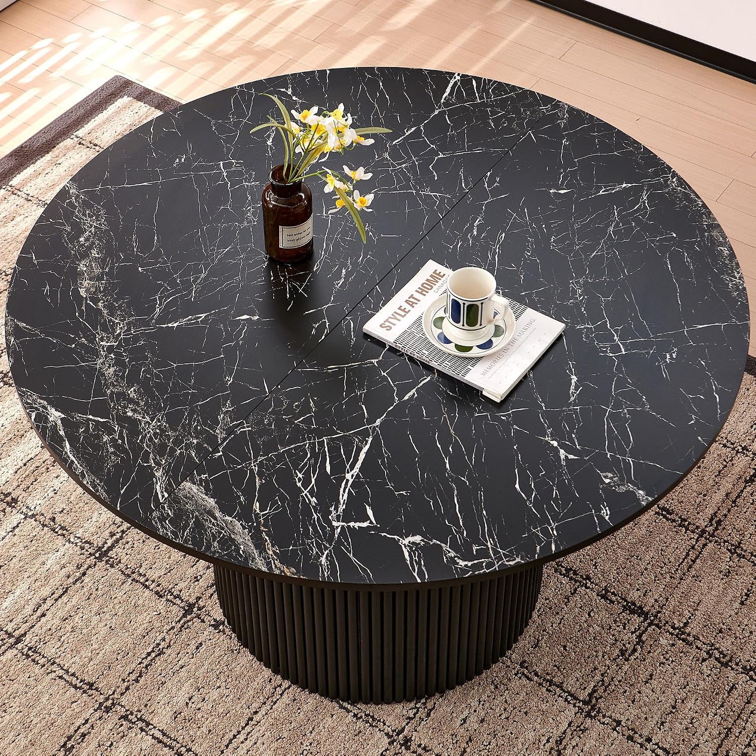 Homedot Kitchen&Dining Room Table Set for 4, Black Wooden Dining Table Round and Upholstered Kitchen Side Living Room Chairs Set, Rustic Dining Set with Grey Velvet Chairs for Apartment Dining Hall