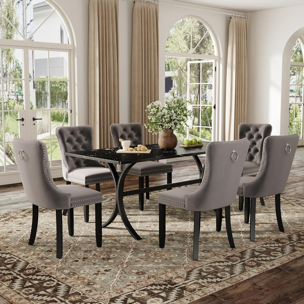 7-Piece Modern Dining Table Set, 63" Rectangular Black Faux Marble Dining Table with Curved Metal Legs and 6 Gray Velvet Upholstered Dining Chairs with Solid Wood Legs, Kitchen Furniture