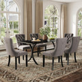 7-Piece Modern Dining Table Set, 63" Rectangular Black Faux Marble Dining Table with Curved Metal Legs and 6 Gray Velvet Upholstered Dining Chairs with Solid Wood Legs, Kitchen Furniture