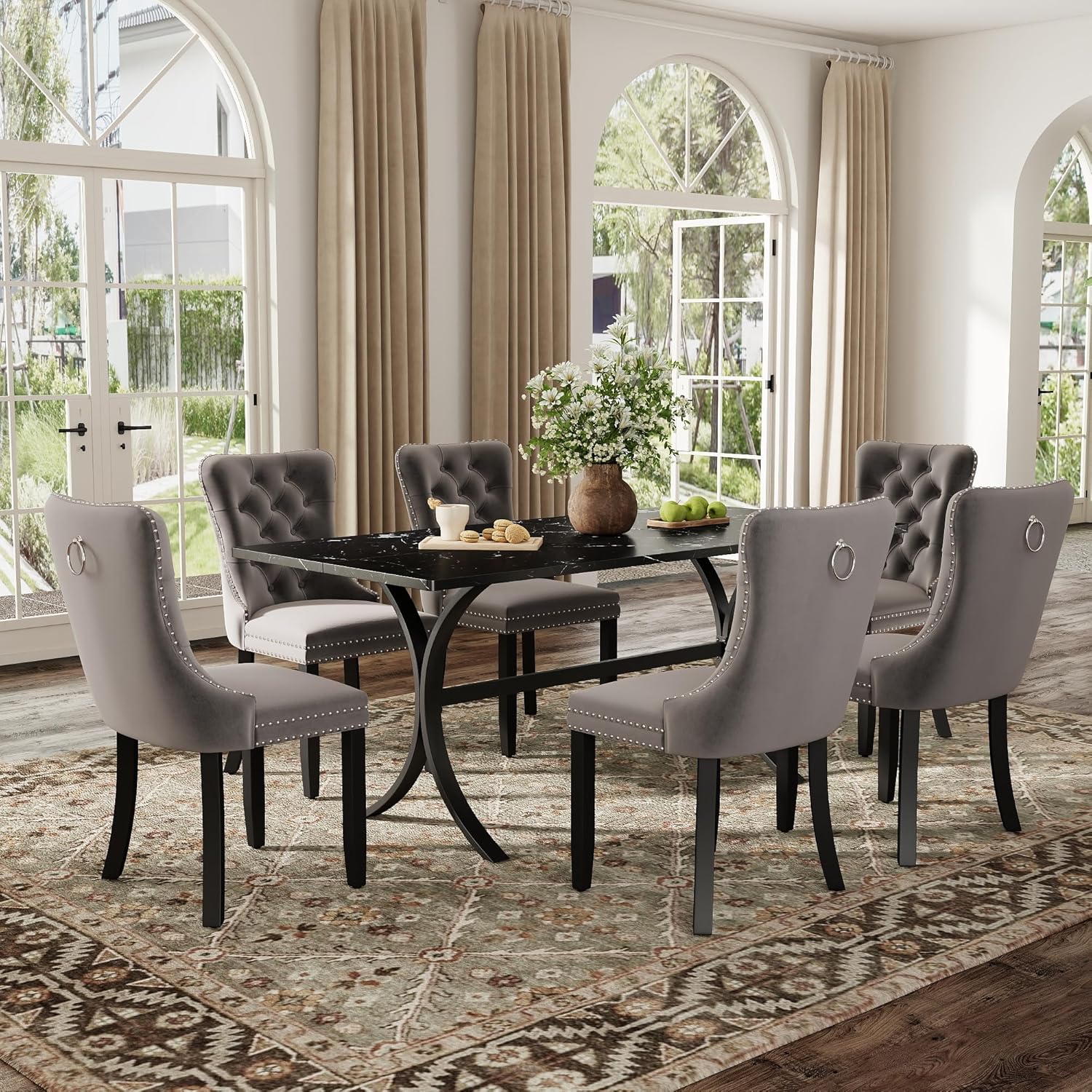 7-Piece Modern Dining Table Set, 63" Rectangular Black Faux Marble Dining Table with Curved Metal Legs and 6 Gray Velvet Upholstered Dining Chairs with Solid Wood Legs, Kitchen Furniture