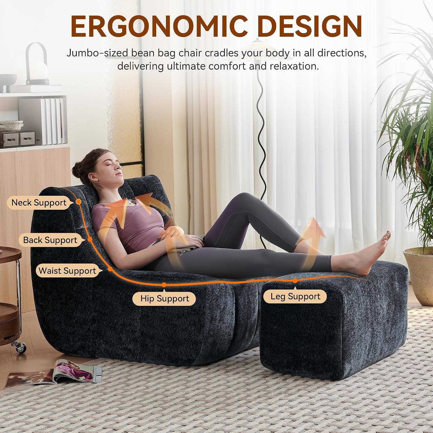 Bean Bag Chair With Footrest,Integrated Sponge Lounge Chair,Comfortable Bean Bag Sofa with Backrest, Faux FurBeanBagChair forAdultsandKids, Ideal for Bedrooms,Living Rooms,and Apartments(Black)