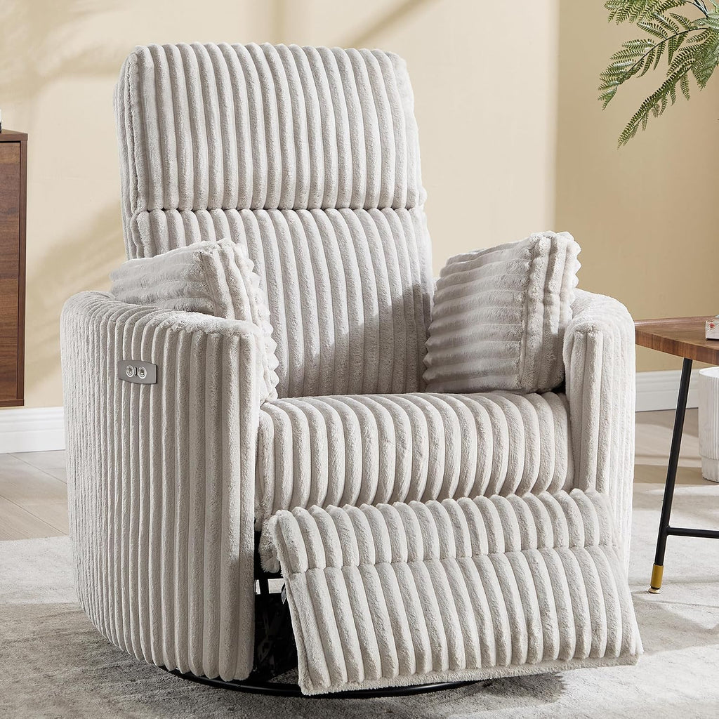 Power Recliner Nursery Swivel Rocking Glider Chair,Upholstered Adult Recliner Nursing Rocker Chair with USB Port with 2 Pillows for Nursery Living Room Bedroom(Lightgrey Corduroy,Power-Driven)