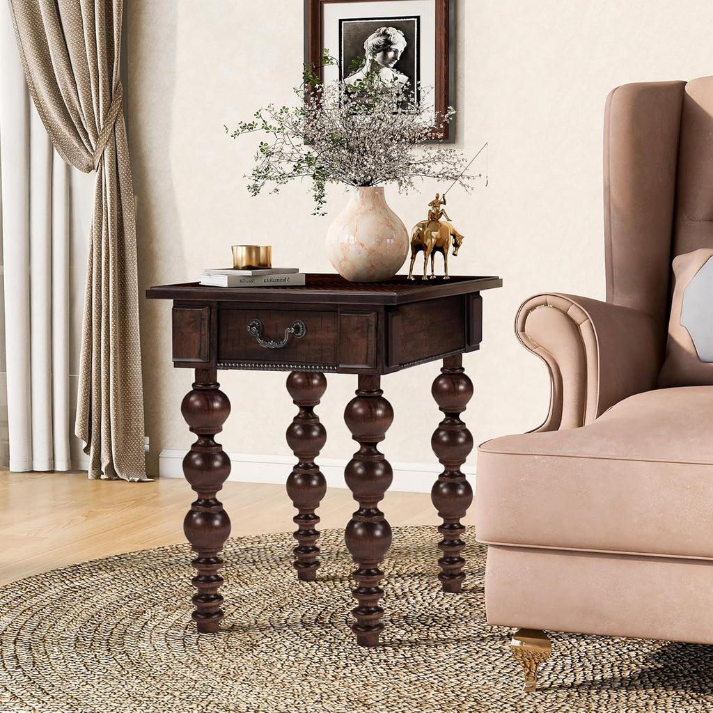 Homora Rectangular Wooden End Table with Storage Drawer, Vintage Narrow Sofa Table with Solid Wood Gourd-Shaped Legs, Farmhouse Side Table for Living Room Apartment Office, Espresso