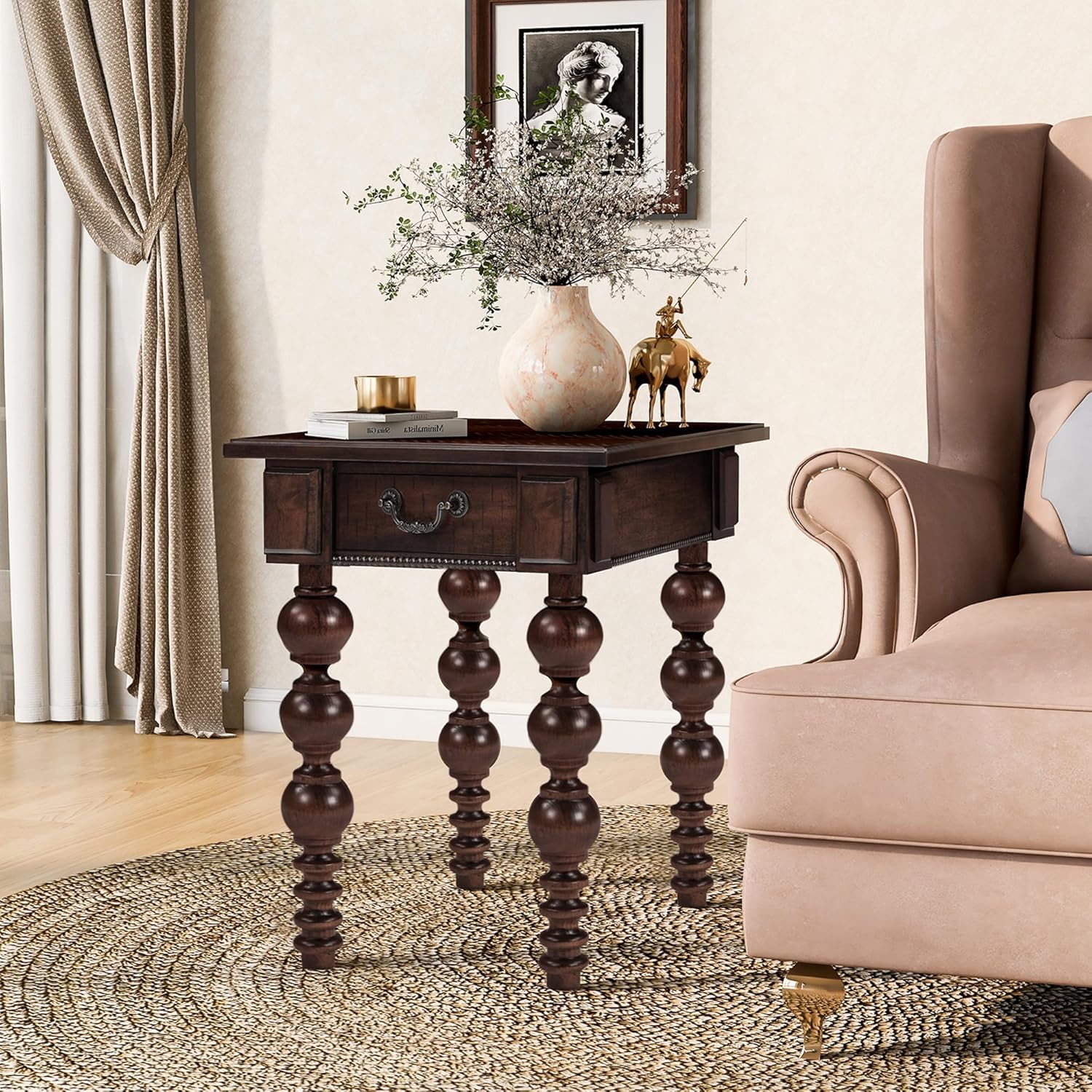 Homora Rectangular Wooden End Table with Storage Drawer, Vintage Narrow Sofa Table with Solid Wood Gourd-Shaped Legs, Farmhouse Side Table for Living Room Apartment Office, Espresso