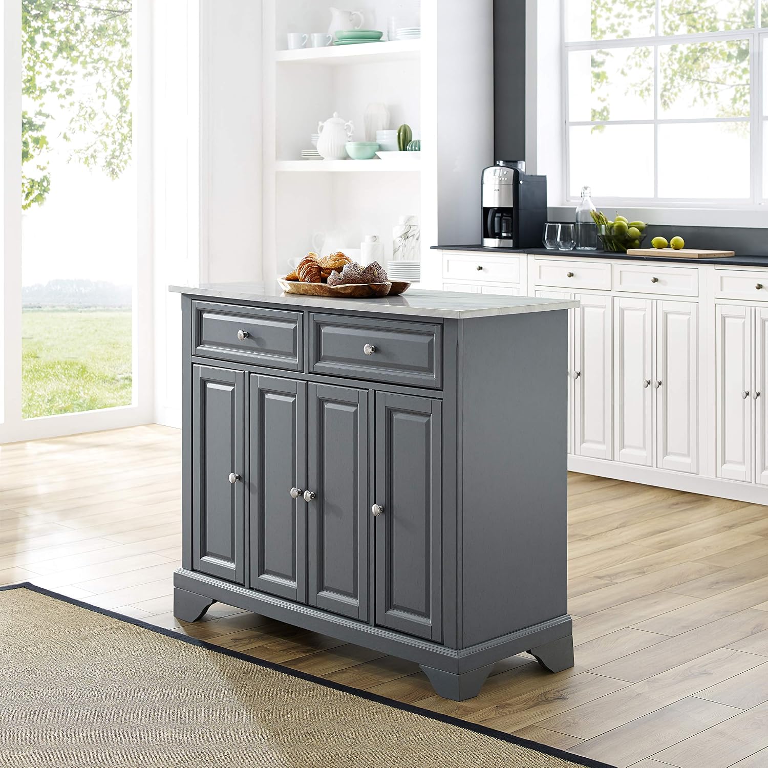 Crosley Furniture Avery Kitchen Island with Storage Shelves, Microwave Stand, Coffee Bar, Gray
