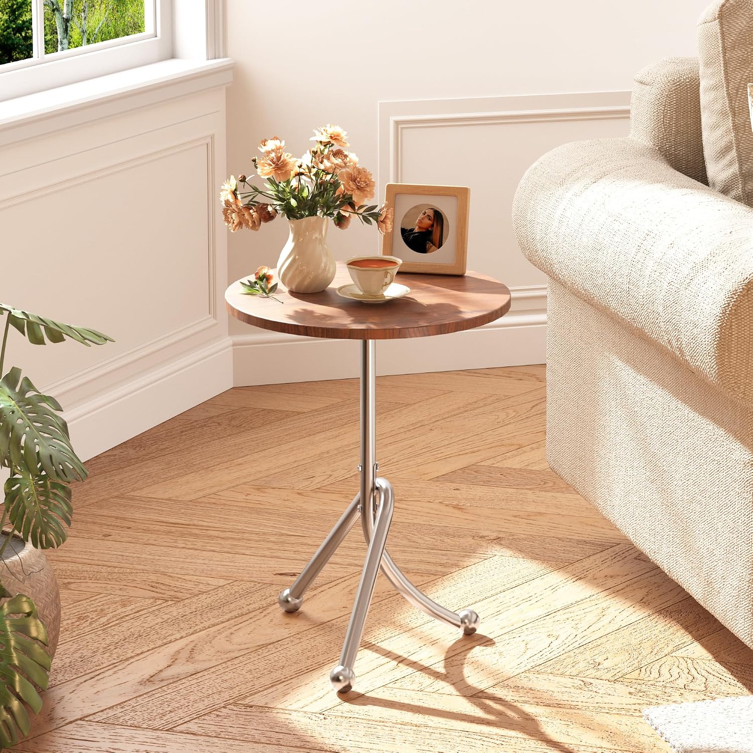 Round End Table - 15.8" Living Room Modern Side Table with Metal Base, Accent Tray Nightstand for Small Spaces, Wooden Circle Sofa Tables, Small Coffee Tables for Living Room Bedroom Office, Walnut