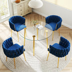 Gold Glass Round Dining Set for 4, 36'' Modern Minimalist Luxury Circle Dinner Room Set, 5 Piece Clear Glass Circular Kitchen Table with Navy Blue Woven Chair Set, for Small Apartment Home
