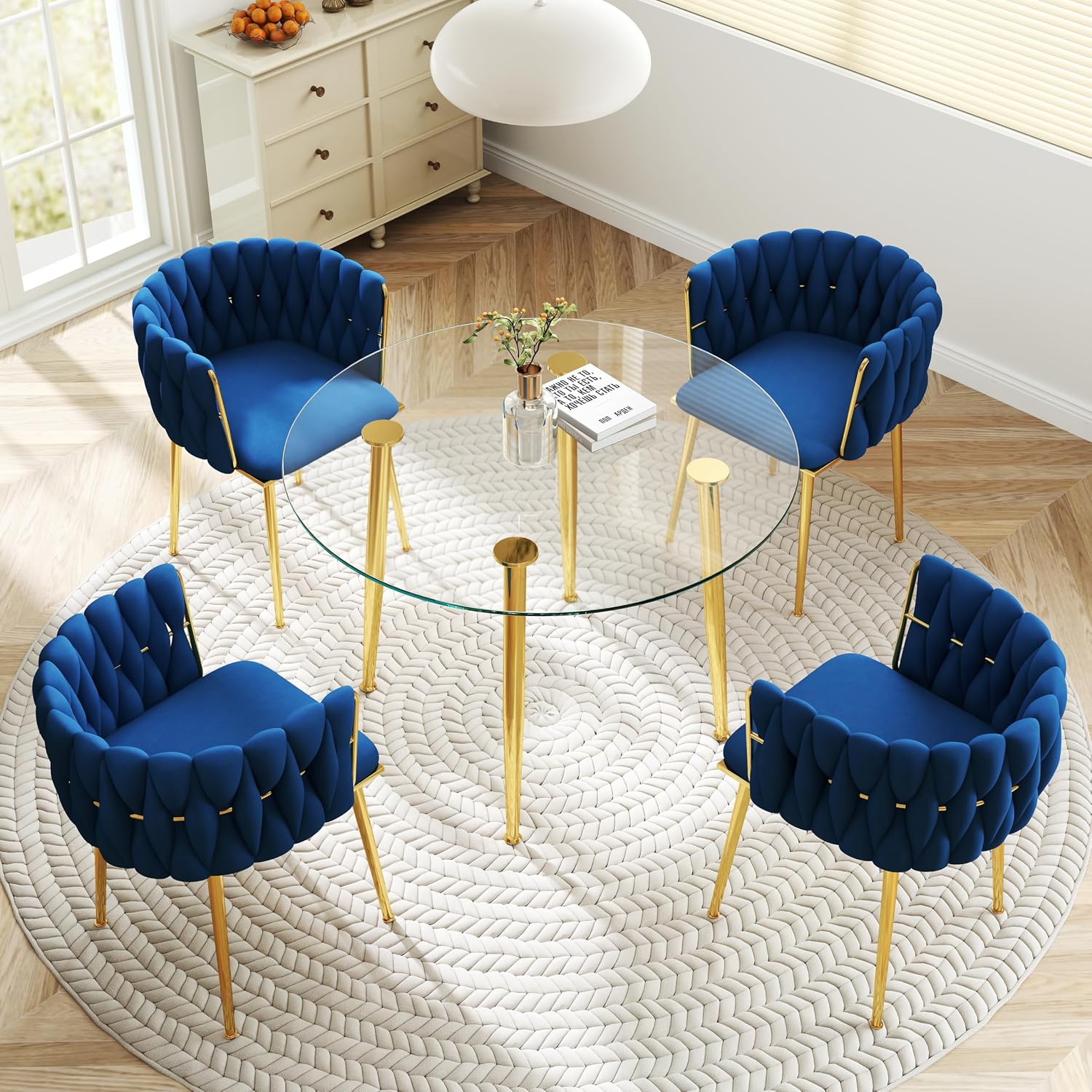 Gold Glass Round Dining Set for 4, 36'' Modern Minimalist Luxury Circle Dinner Room Set, 5 Piece Clear Glass Circular Kitchen Table with Navy Blue Woven Chair Set, for Small Apartment Home