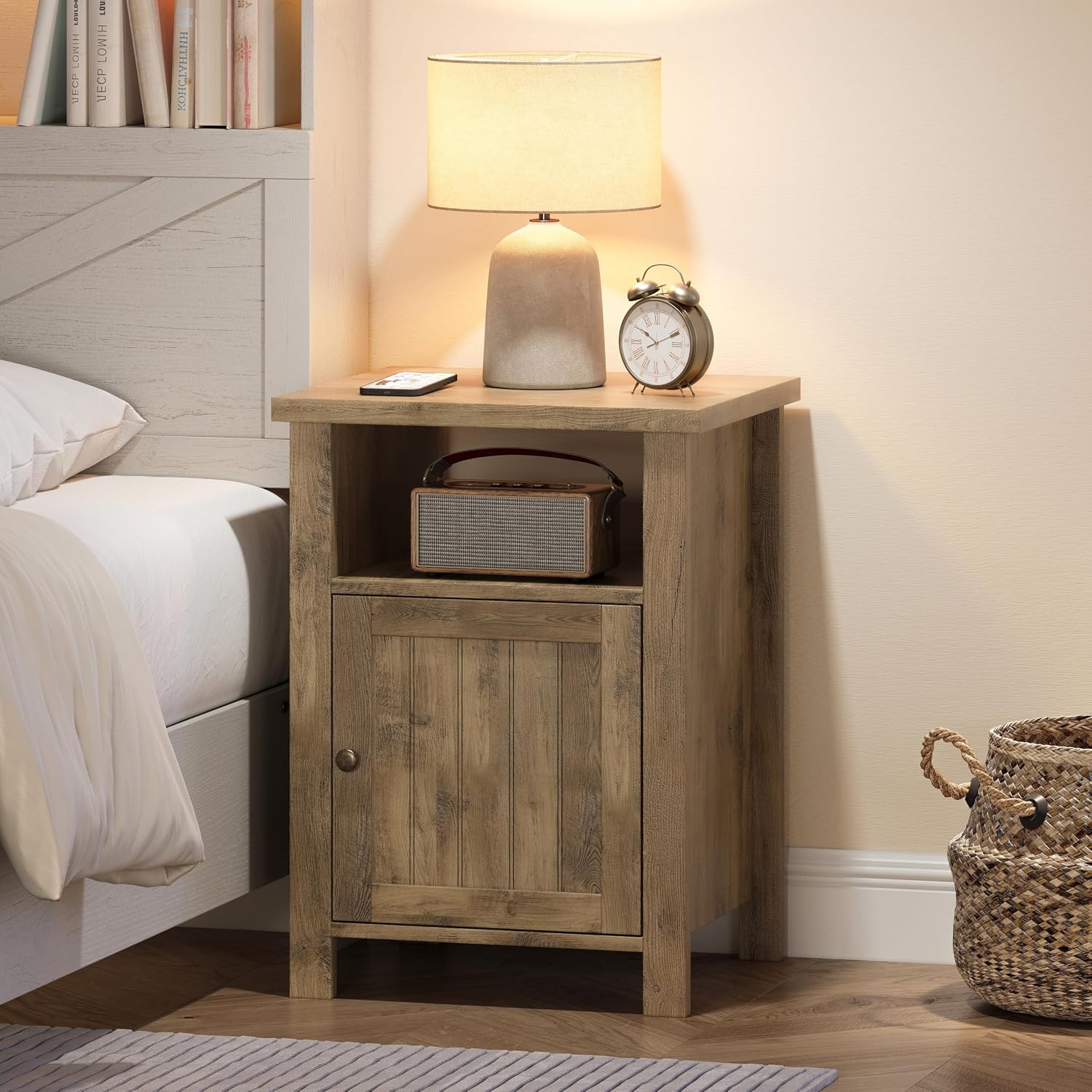 ChooChoo Farmhouse Nightstands with Storage | End Table Set of 2, Open Shelf, Rustic Bedside Table Set of 2 for Bedroom, Wash Gray