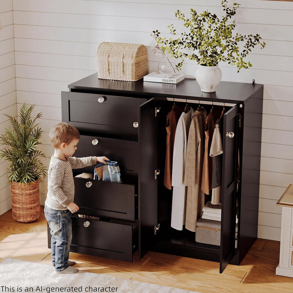 VOWNER 43''H Armoire Wardrobe Closet with 4 Drawers and 2 Doors | Small Clothing Storage Cabinet Dresser with Hanging Rod, Baby Closet Clothes Wardrobe for Bedroom, Black