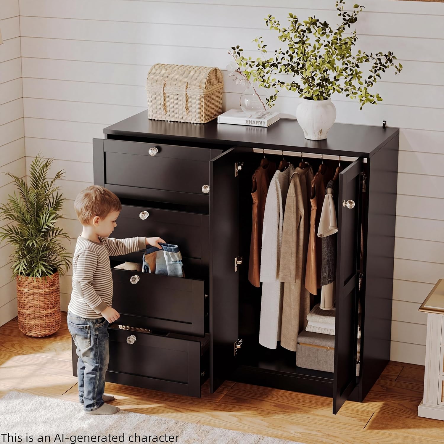 VOWNER 43''H Armoire Wardrobe Closet with 4 Drawers and 2 Doors | Small Clothing Storage Cabinet Dresser with Hanging Rod, Baby Closet Clothes Wardrobe for Bedroom, Black