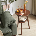 Side Table, Solid Wood 2-Tier Round End Table with Lower Storage Shelf, Small Nightstand for Living Room Bedroom, Modern Couch Coffee Tables