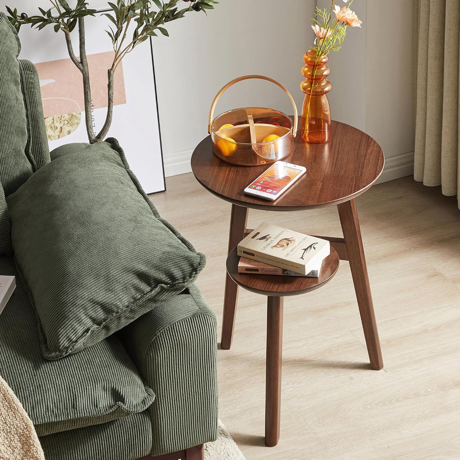 Side Table, Solid Wood 2-Tier Round End Table with Lower Storage Shelf, Small Nightstand for Living Room Bedroom, Modern Couch Coffee Tables