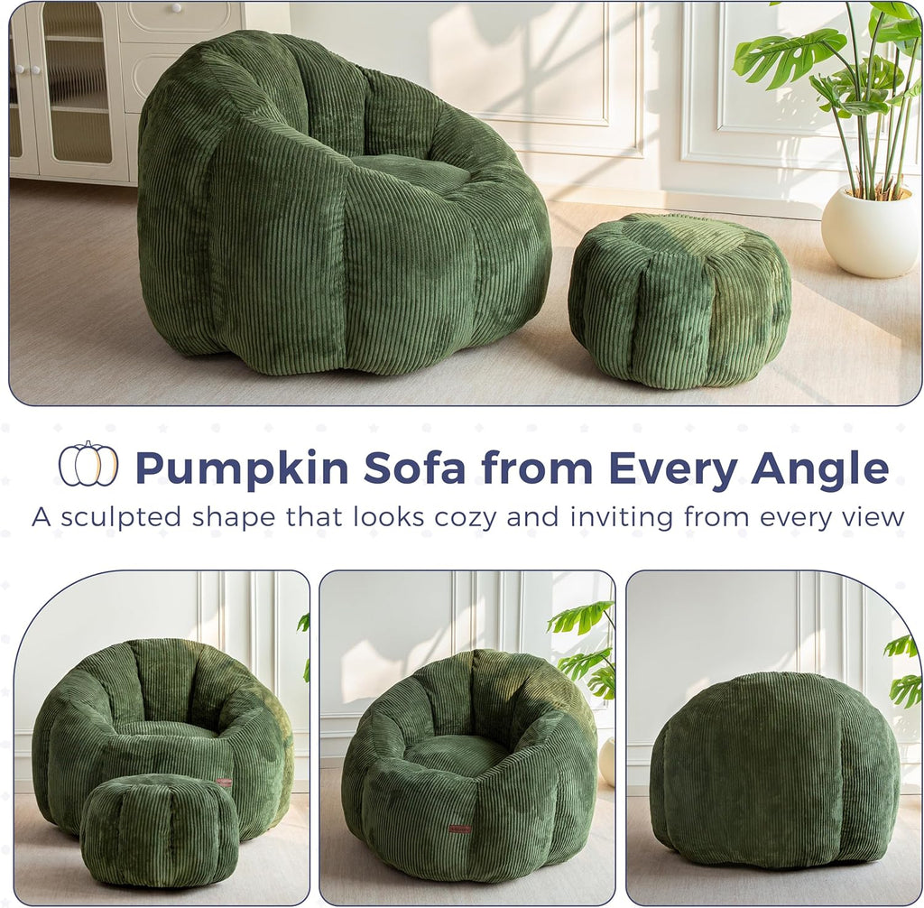 MAXYOYO Giant Bean Bag Chair with Ottoman, Pumpkin-Shaped Bean Bag Sofa with Footstool, Oversized Boneless Couch Chair in a Box, Comfy and Lazy Lounge for Dorm, Living Room, Bedroom, Green