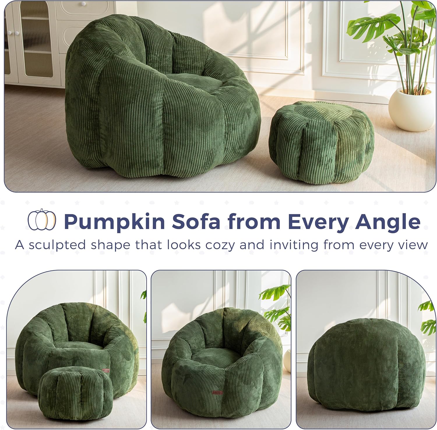 MAXYOYO Giant Bean Bag Chair with Ottoman, Pumpkin-Shaped Bean Bag Sofa with Footstool, Oversized Boneless Couch Chair in a Box, Comfy and Lazy Lounge for Dorm, Living Room, Bedroom, Green