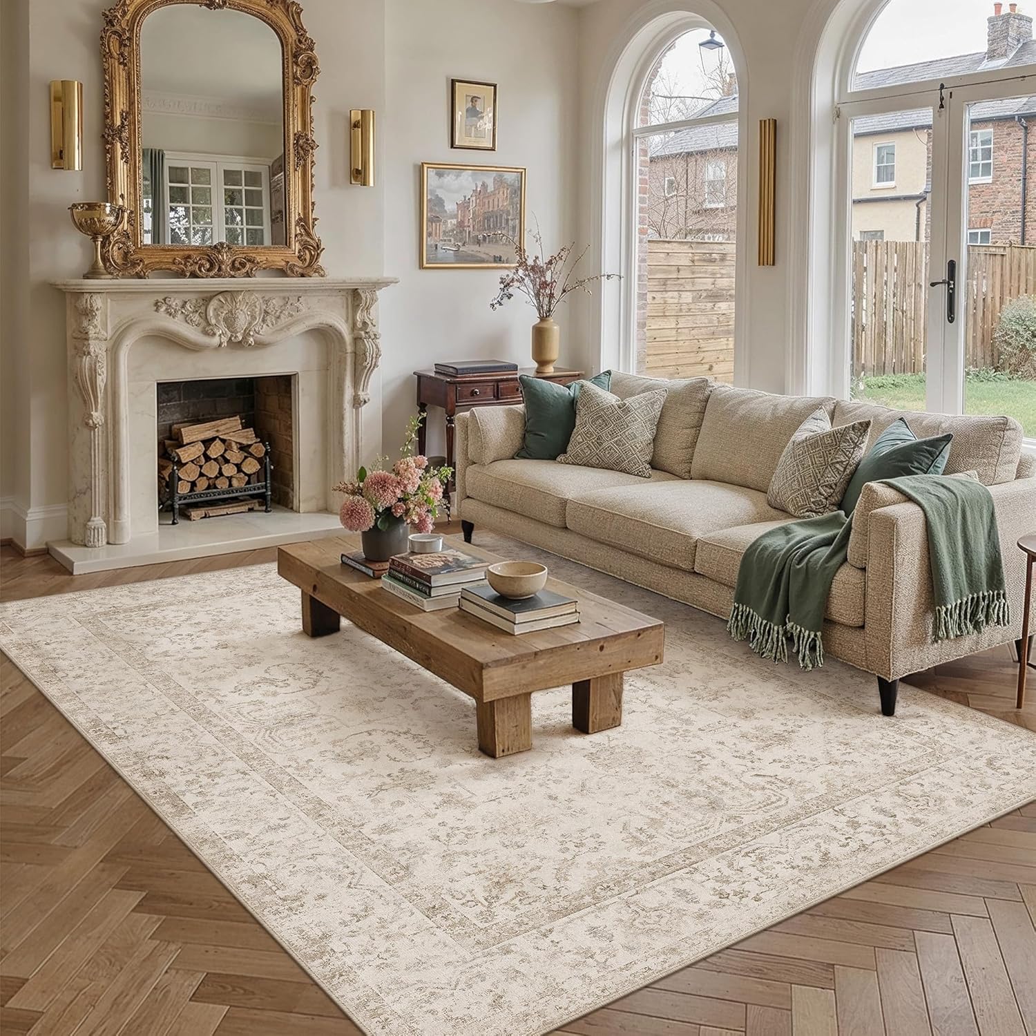 8x10 Beige Neutral Area Rug for Living Room Bedroom Machine Washable Low Pile Carpet Vintage Accent Soft Non Slip Rug for Dining Room Decor Nursery Indoor