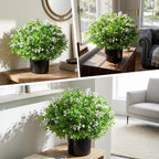 Fake Plants Artificial Flowers for Outdoors Decor, 2 Pack Fake Potted Plants Baby Breath With Green Eucalyptus Look Real UV Resistant Artificial Greenery with Pot for Outside Porch Garden Patio Yard