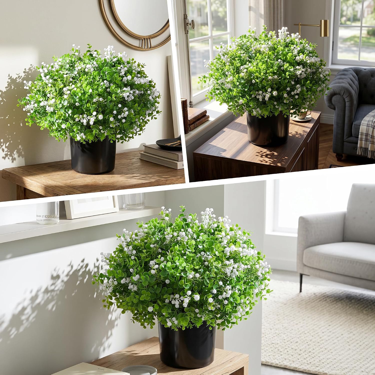 Fake Plants Artificial Flowers for Outdoors Decor, 2 Pack Fake Potted Plants Baby Breath With Green Eucalyptus Look Real UV Resistant Artificial Greenery with Pot for Outside Porch Garden Patio Yard