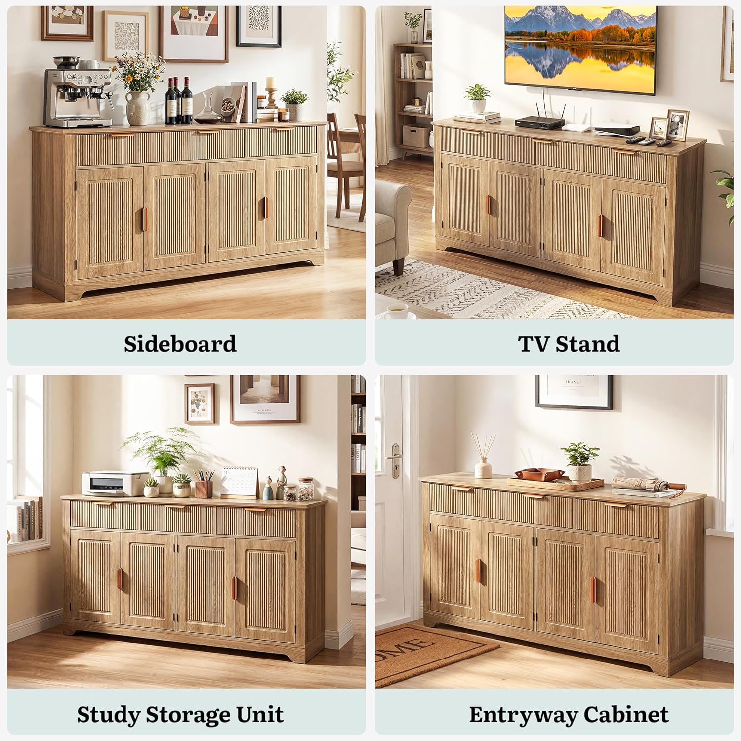 YITAHOME 59" Fluted Sideboard Buffet Cabinet with Storage, Wood Kitchen Storage Cabinet with Adjustable Shelves & Drawers, Mid Century Modern Credenza for Kitchen, Living Room, Entryway (Natural Oak)