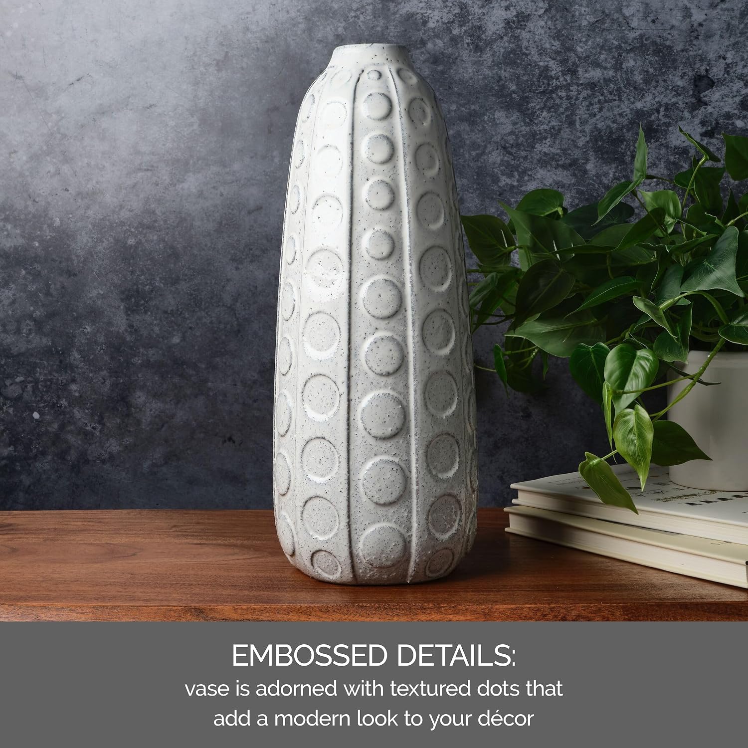 Mikasa White Ceramic Vase with Embossed Dot Texture, 15.5 Inch Tall Floor Vase for Home Decor, Living Room, Bedroom, and Entryway